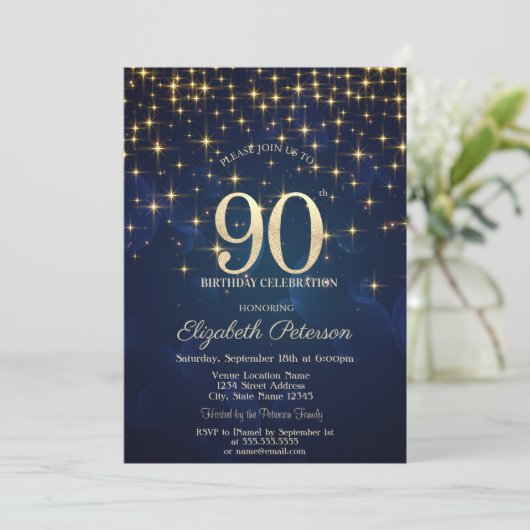 Elegant Gouden Sterren Marine Blauw 90ste Verjaard Kaart (Staand voorkant)
