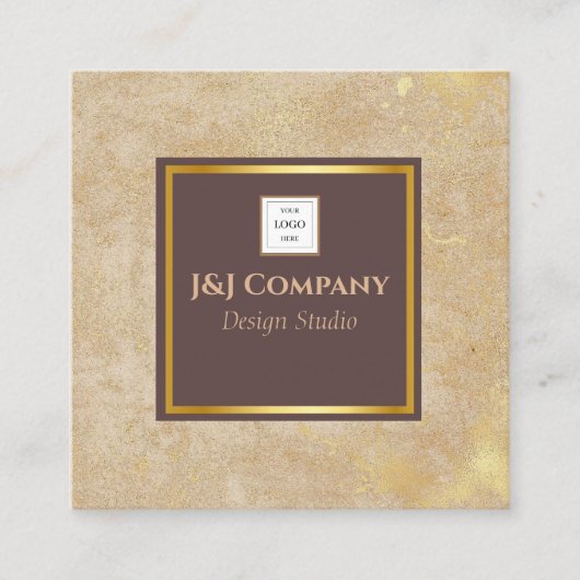 Elegant Gouden Textuur Bruin Lijst Logo Vierkante Visitekaartje (Voorkant)