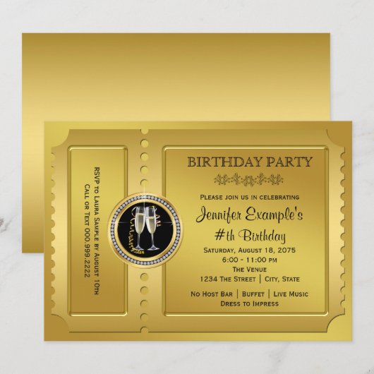 Elegant gouden ticket verjaardagsfeestje kaart (Voorkant / Achterkant)