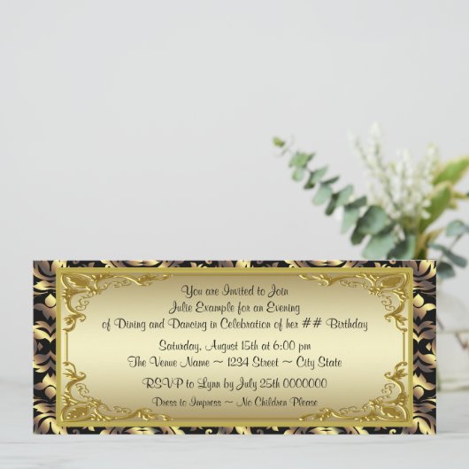 Elegant gouden ticket verjaardagsfeestje kaart (Staand voorkant)