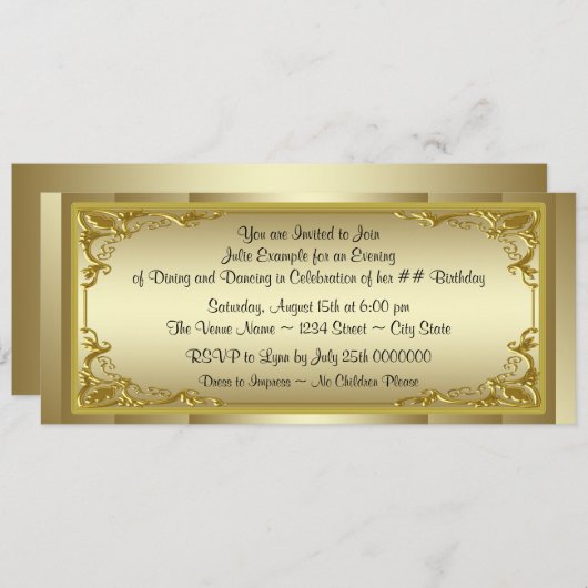 Elegant gouden ticket verjaardagsfeestje kaart (Voorkant / Achterkant)