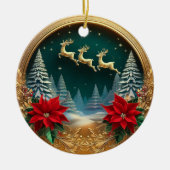 Elegant gouden vliegend rendier, Poinsettias, Hert Keramisch Ornament (Voorkant)