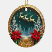 Elegant gouden vliegend rendier, Poinsettias, Hert Keramisch Ornament (Links)