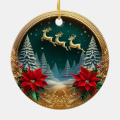 Elegant gouden vliegend rendier, Poinsettias, Hert Keramisch Ornament (Achterkant)