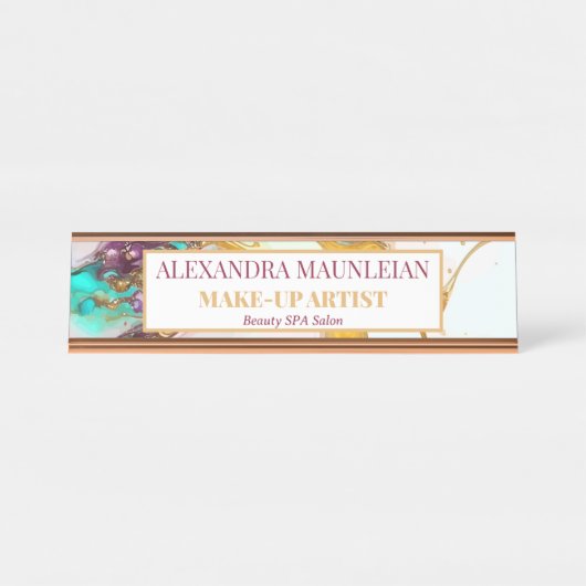 Elegant Gouden Vos Marmeren Monogram Schoonheidssa Bureau Naambordje (Voorkant)