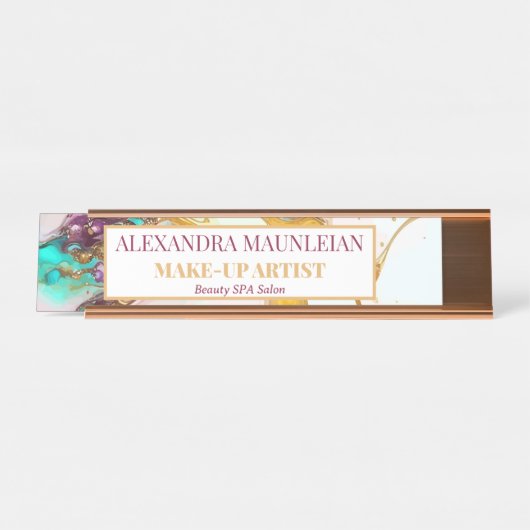 Elegant Gouden Vos Marmeren Monogram Schoonheidssa Bureau Naambordje (Voorkant)