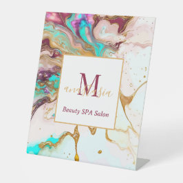 Elegant Gouden Vos Marmeren Monogram Schoonheidssa Reclamebord Met Voetstuk