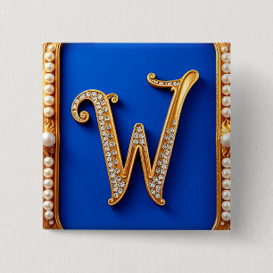 Elegant Gouden W Monogram Versierd Met Parels Vierkante Button 5,1 Cm