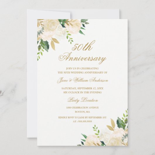 Elegant gouden Waterverf Floral Jubileum Kaart (Voorkant)