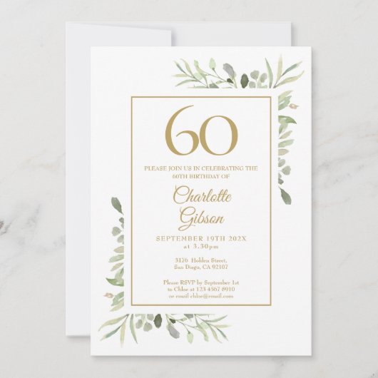 Elegant Gouden Waterverf Groenery 60e Verjaardag Kaart (Voorkant)
