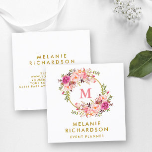 Elegant Gouden Waterverf Roze Bloemige Monogram Vierkante Visitekaartje