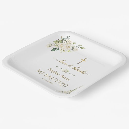 Elegant Gouden Waterverf Witte Bloemen Doop Papieren Bordje (Gebogen)