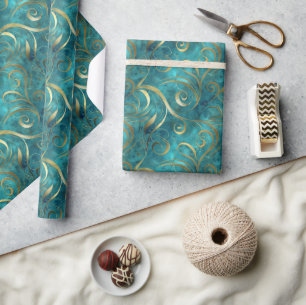 Elegant gouden wervelpatroon op turquoise achtergr cadeaupapier