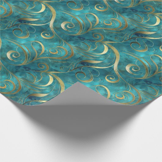 Elegant gouden wervelpatroon op turquoise achtergr cadeaupapier (Hoek)