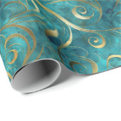 Elegant gouden wervelpatroon op turquoise achtergr cadeaupapier (Rol Hoek)