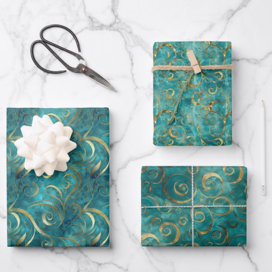 Elegant gouden wervelpatroon op turquoise achtergr inpakpapier vel (Voorkant)