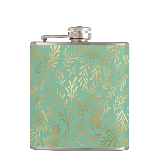 Elegant Gouden Wilgenpatroon op Blauwgroen Heupfles (Voorkant)