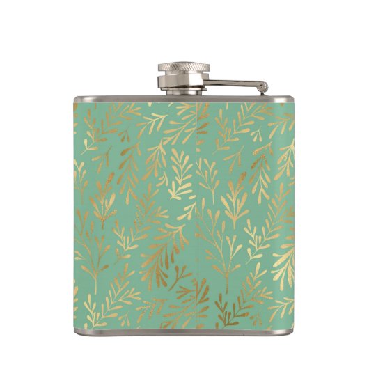 Elegant Gouden Wilgenpatroon op Blauwgroen Heupfles (Achterkant)