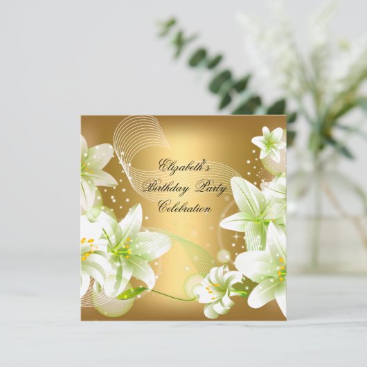 Elegant gouden witte bloem verjaardagsfeest kaart (Staand voorkant)