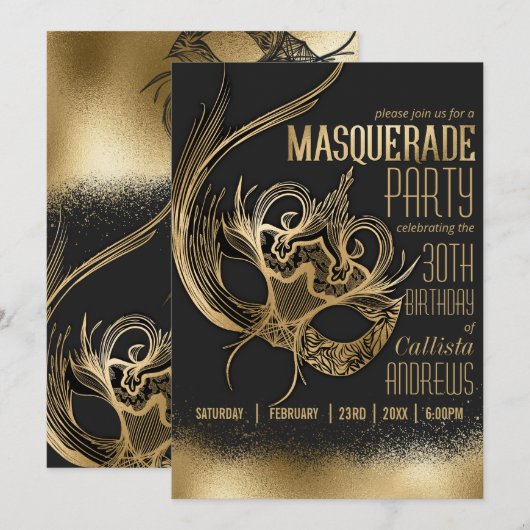 Elegant Gouden Zwart Maskerade Verjaardagsfeest Kaart (Voorkant / Achterkant)