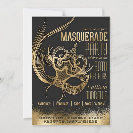 Elegant Gouden Zwart Maskerade Verjaardagsfeest Magnetische Uitnodiging (Voorkant)