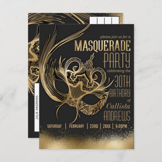 Elegant Gouden Zwart Maskerade Verjaardagsfeest Uitnodiging Briefkaart (Voorkant / Achterkant)