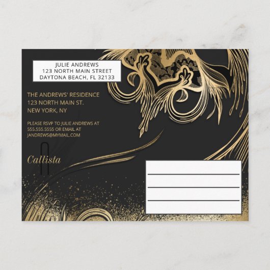 Elegant Gouden Zwart Maskerade Verjaardagsfeest Uitnodiging Briefkaart (Achterkant)
