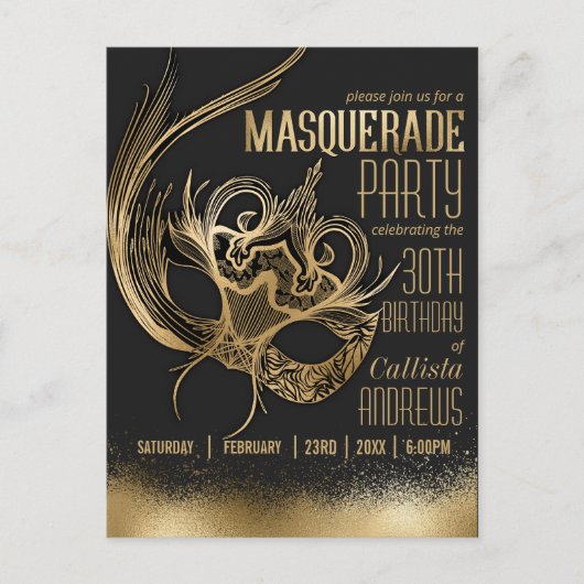 Elegant Gouden Zwart Maskerade Verjaardagsfeest Uitnodiging Briefkaart (Voorkant)