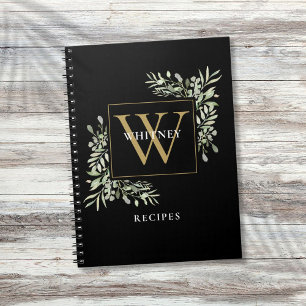 Elegant gouden zwart monogram groen recept notitieboek