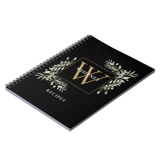 Elegant gouden zwart monogram groen recept notitieboek (Linkerzijde)