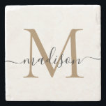Elegant gouden zwart monogram vrouwelijke scriptna stenen onderzetter<br><div class="desc">Elegant Goud Zwart Monogram Vrouwelijk Script Naam Steen Onderzetter</div>
