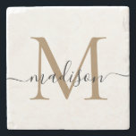 Elegant gouden zwart monogram vrouwelijke scriptna stenen onderzetter<br><div class="desc">Elegant Goud Zwart Monogram Vrouwelijk Script Naam Steen Onderzetter</div>
