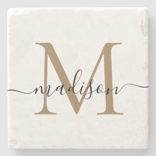 Elegant gouden zwart monogram vrouwelijke scriptna stenen onderzetter