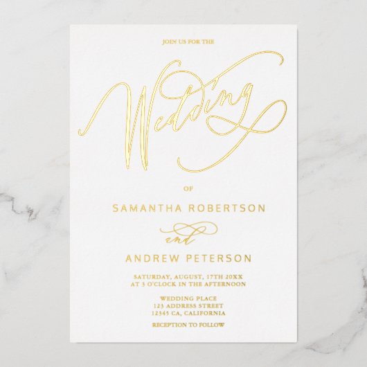 Elegant goudenwitte minimalistische kalligrafie br folie uitnodiging (Voorkant)