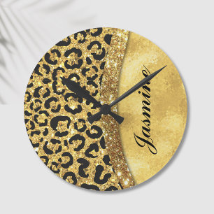 Elegant goudfaux glitter Animal print Monogram Ronde Klok
