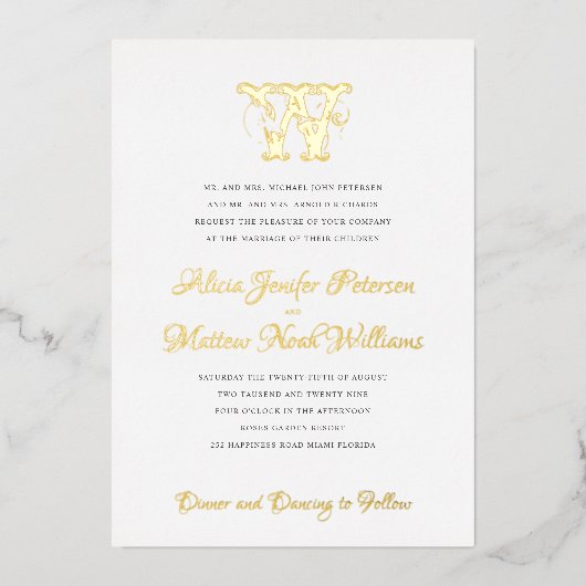 Elegant  goudfolie monogram officiële bruiloft folie uitnodiging (Voorkant)