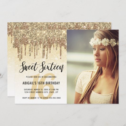 Elegant goudglitter druppelt zestien zoete kaart (Voorkant / Achterkant)