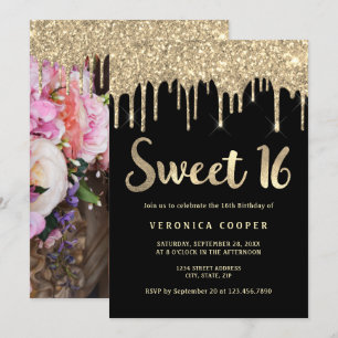 Elegant goudglitter druppelt zoete zestien foto's kaart