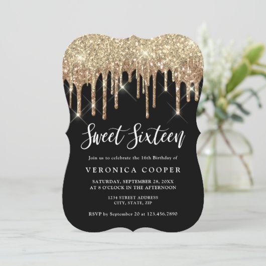 Elegant goudglitter druppelt zoete zestien foto's  kaart (Staand voorkant)