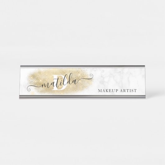 Elegant goudglitter marmer make-up artiest bureau naambordje (Voorkant)
