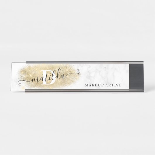 Elegant goudglitter marmer make-up artiest bureau naambordje (Voorkant)