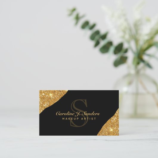 Elegant goudglitter zwarte monogram make-up kunste visitekaartje (Staand voorkant)