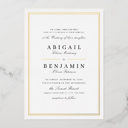 Elegant goudgrenzen minimalistische bruiloft folie uitnodiging (Voorkant)