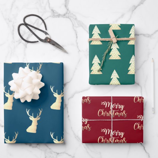 Elegant goudgroen-blauw kerstpatronen inpakpapier vel (Voorkant)