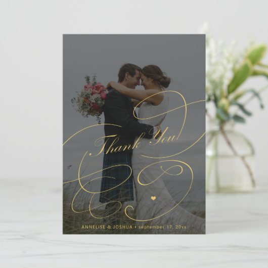 Elegant goudkalligrafie 2 foto's op de kerkbruilof bedankkaart (Staand voorkant)