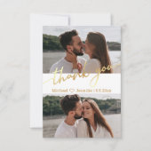 elegant goudkalligrafie bruiloft 2 foto's collage bedankkaart (Voorkant)