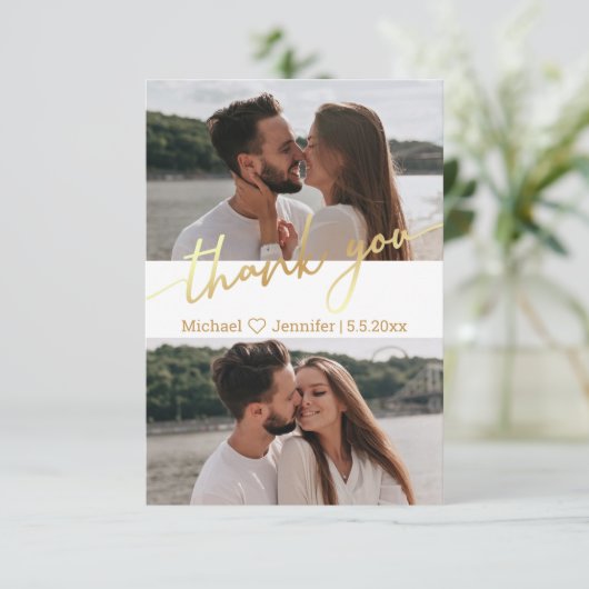 elegant goudkalligrafie bruiloft 2 foto's collage bedankkaart (Staand voorkant)