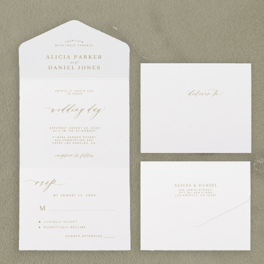 Elegant goudkalligrafie bruiloft all in one uitnodiging