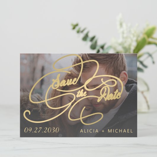 Elegant goudkalligrafie, foto bruiloft save the date (Staand voorkant)