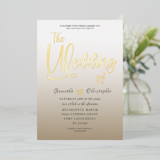 Elegant goudkalligrafie Het huwelijk van Folie Uitnodiging (Staand Voorkant)